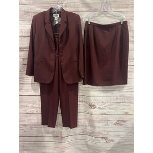 Pendleton Petite 3 Piece Suit Set Burgundy Blazer Pants Skirt Wool Blend 14 16